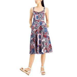 NEW Inc International Concepts Bandana-Print Fit & Flare Dress Blue Multi 10
